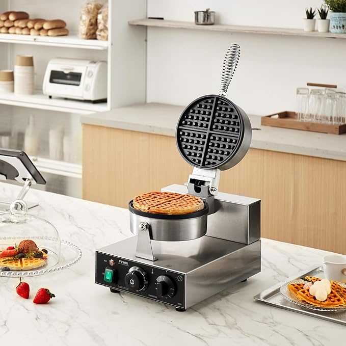 VEVOR Commercial Waffle Maker, 1230W Round Waffle Baker Machine, Non-Stick Stainless Steel Belgian Waffle Iron with Temperature and Time Control, Handle, for Restaurant Bakery Snack Bar Family