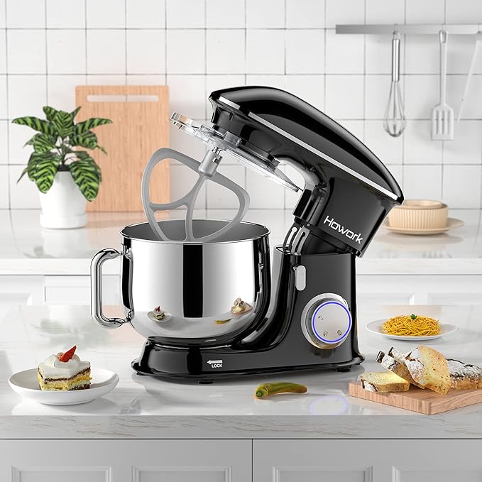 HOWORK 8.5QT Stand Mixer, 660W 6+P Speed Tilt-Head, Electric Kitchen Mixer With Dishwasher-Safe Dough Hook, Beater, Wire Whip & Pouring Shield (8.5 QT, Black)