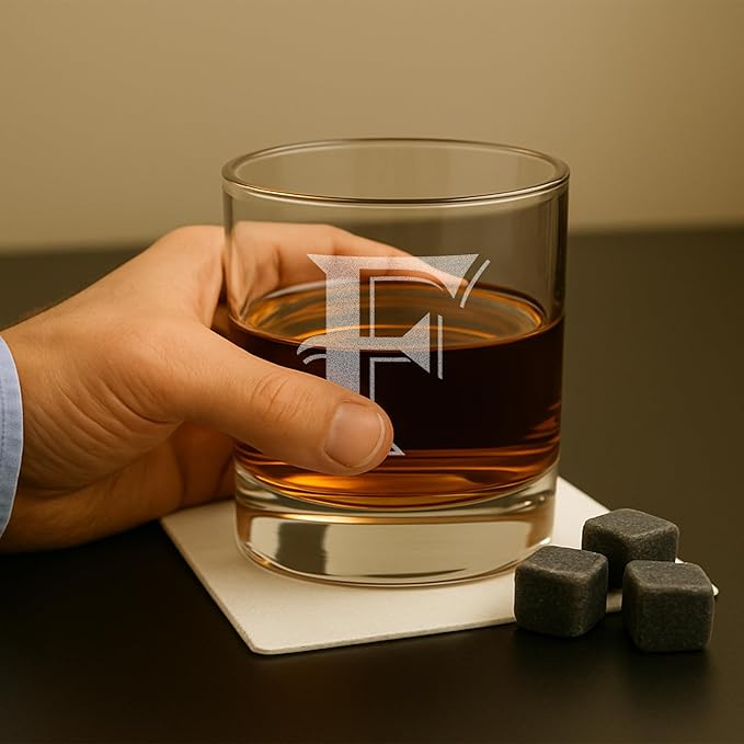 On The Rox Drinks 4 Piece Glass Set Engraved with F Monogram, 11 Ounce