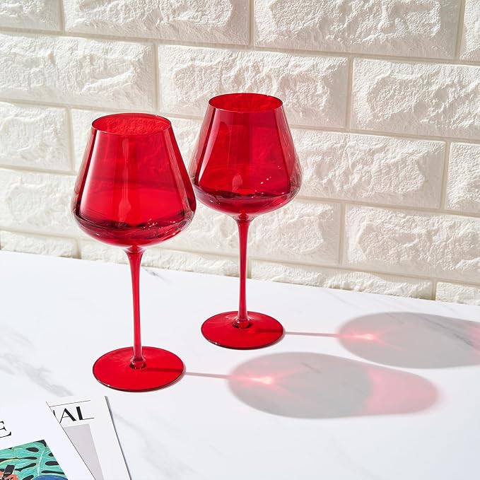Red Ruby Crystal Wine Glasses Set of 2, Elegant 20oz Tall Drinkware, Glassware for Hosting and Gifting, Sophisticated Italian-Inspired Barware Party Gift to Wife, Mom, or Friend