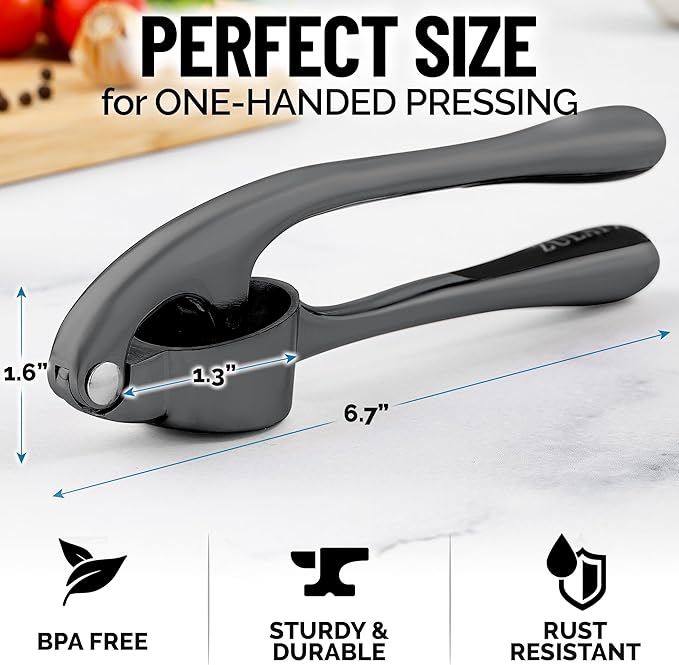 Zulay Kitchen Premium Garlic Press Set - Rust Proof Professional Garlic Mincer Tool - Easy-Squeeze, Easy-Clean with Soft, Ergonomic Handle - Silicone Garlic Peeler & Brush-Dark Gray