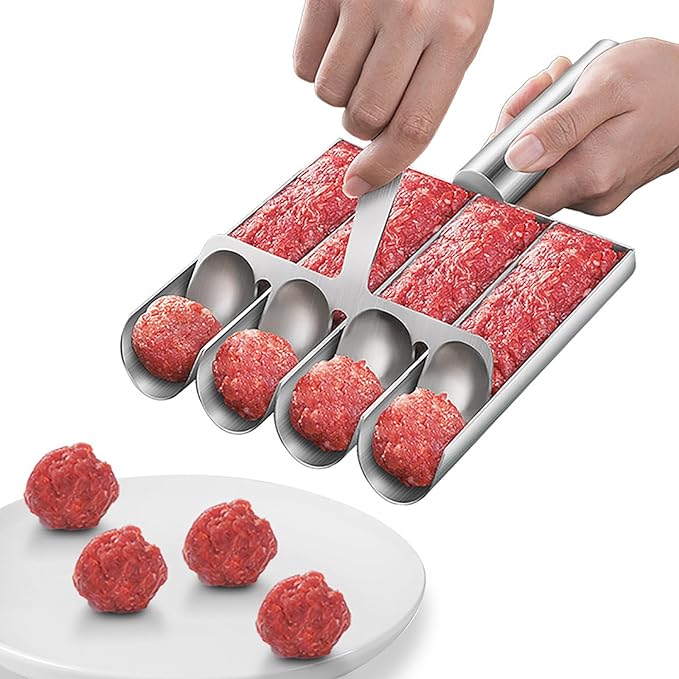 4-in-1 Meatball Maker Tool, 304 Stainless Steel Meatball Scoop & Mold, Makes 4 Uniform Meatballs at Once, Nonstick Release, Dishwasher Safe, for Pasta, Soup, Meal Prep & Party Appetizers