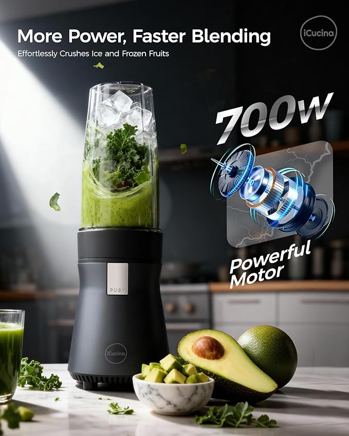 iCucina Smoothie Blender, Personal Blender for Shakes and Smoothies, 700W Pulse Technology Single Serve Blenders with 2 x 28oz Protable Cups for Ice Crush, Frozen Fruit Drinks