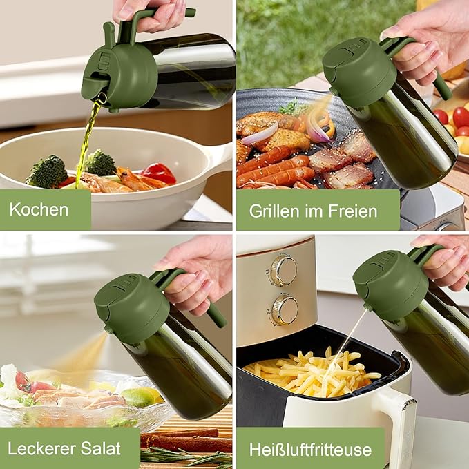 YARRAMATE 16oz/470ml Dark Green Oil Sprayer for Cooking with Stickers, Food-grade Premium 2 in 1 Olive Oil Dispenser Bottle for Kitchen Gadgets, Air Fryer, Salad, Frying, BBQ (OliveGreen)