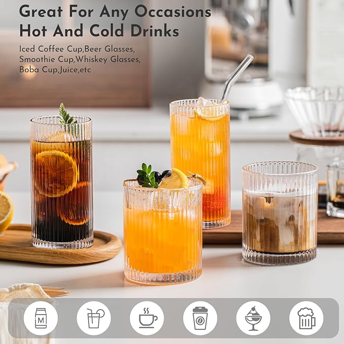 INSETLAN 12-Piece Ribbed Glassware - 6 Highball Glasses 12 oz, 6 Rocks Glass Cups 14 oz, Vintage Cocktail Drinking Glasses, Ideal for Wine, Juice, Water, Ice Coffee Cup, Whiskey, Mixed Drinkware