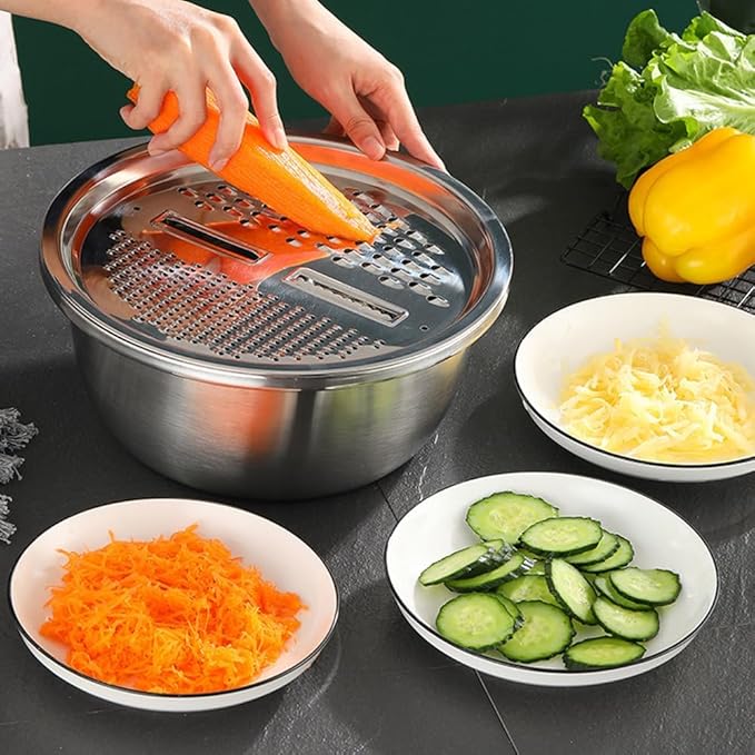Germany Multifunctional Stainless Steel Basin, 3 in 1 Vegetable Grater Julienne Slicer Stainless Steel Colander, Fruit Slicer for Kitchen Vegetable Slicer Grater Strainer Drain Basket (11in, Silver)