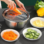 Germany Multifunctional Stainless Steel Basin, 3 in 1 Vegetable Grater Julienne Slicer Stainless Steel Colander, Fruit Slicer for Kitchen Vegetable Slicer Grater Strainer Drain Basket (11in, Silver)