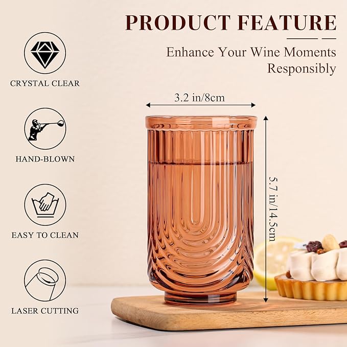 Venus Vintage Drinking Glasses Set of 6-17oz Hand-Blown Highball Ribbed Glassware, Arch Design Cocktail Glasses for Whiskey Water Beverages Ice Coffee Juice Milk
