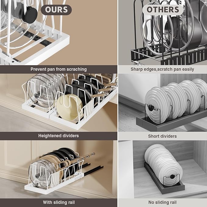 Pots and Pans Organizer Under Cabinet, 22" Deep Expandable Pull Out Pot Lid Organizer and Storage with 10 Adjustable Dividers No Drill Pot and Pan Holder Rack with Handle Bracket(1 Pack,White)