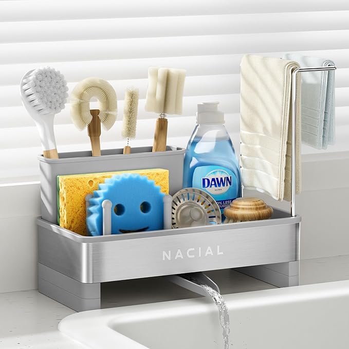 Nacial Sponge Holder for Kitchen Sink, Sink Caddy Organizer with High Brush Holder & Two Towel Racks - Rustproof 304 Stainless Steel Kitchen Countertop Storage Essentials - Gris