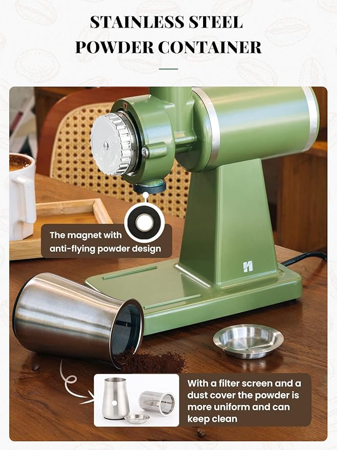 Huanyu Electric Coffee Bean Grinder 250G Commercial&Home Milling Grinding Machine 200W Automatic Burr Grinder Professional Miller 8 Fine - Coarse Grind Size Settings (Green)