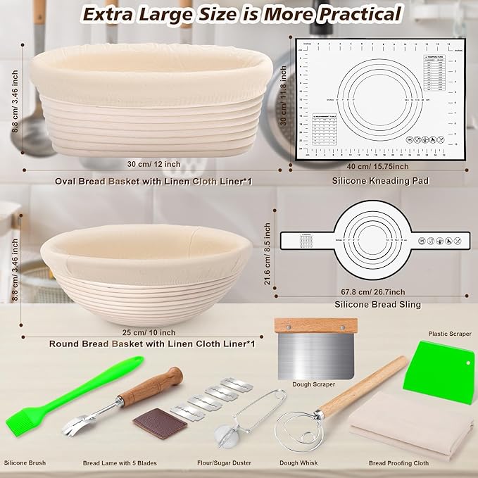Large Sourdough Bread Baking Supplies, 10 Inch Round &12 Oval Banneton Bread Proofing Basket, Sourdough Starter Kit for Making Baking Fermentation
