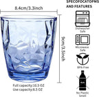 Topsky 10 oz Plastic Water Tumblers | Set of 4 Transparent Unbreakable Drinking Glasses Clear Acrylic Reusable Juice Wine Cups for Home Picnic Party, Dishwasher Safe, Stackable (Blue)