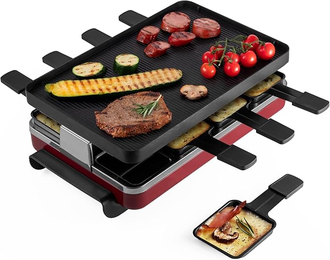 Swissmar Classic 8-Person Raclette Party Grill with Reversible Cast Aluminum Non-Stick Grill Plate/Crepe Top, Indoor Electric Raclette Grill & Griller - Black Grill Plate - Red