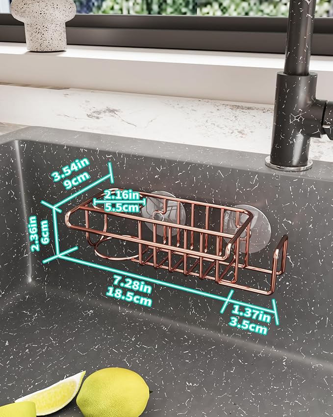 HapiRm Sponge Holder for Kitchen Sink, No Drill Kitchen Sink Caddy Organizer, Rustproof and Waterproof Dish Sponge Holder - Rose Gold