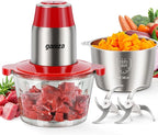 GANIZA Food Processors, Electric Food Chopper with Meat Grinder & Vegetable Chopper - 2 Bowls (8 Cup+8 Cup) with Powerful 450W Copper Motor - Includes 2 Sets of Bi-Level Blades (Red)