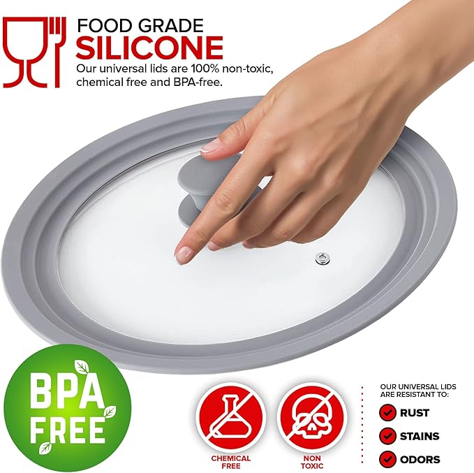 Modern Innovations Universal Lids (Set of 2) Fits 7 to 12-Inch Cookware, Silicone Replacement Pan Lid, Glass Top Covers for Skillets, Pots, Frying Pans, Cast Iron - Grey
