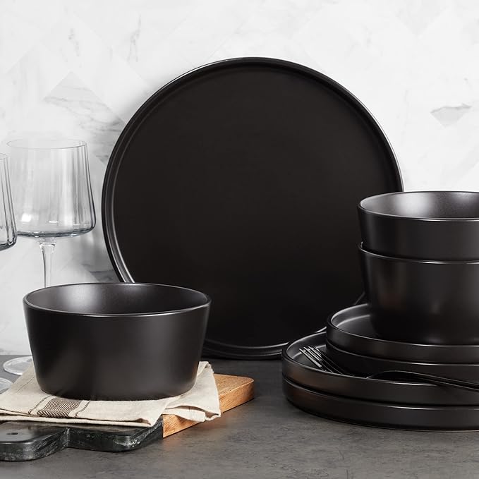 Stone Lain 32-Piece Black Matte Dinnerware Set + 4-Piece Black Stoneware Pasta Bowl Set