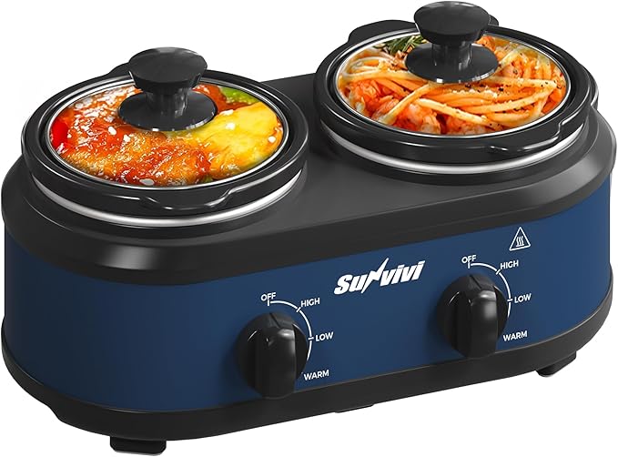 Sunvivi Double Slow Cooker,2 Removable Pots Small Mini Crock Buffet Server and Warmer with Adjustable Temp, Visible Glass Lids, Dishwasher Safe, 2 x 1.25 Quart, Blue