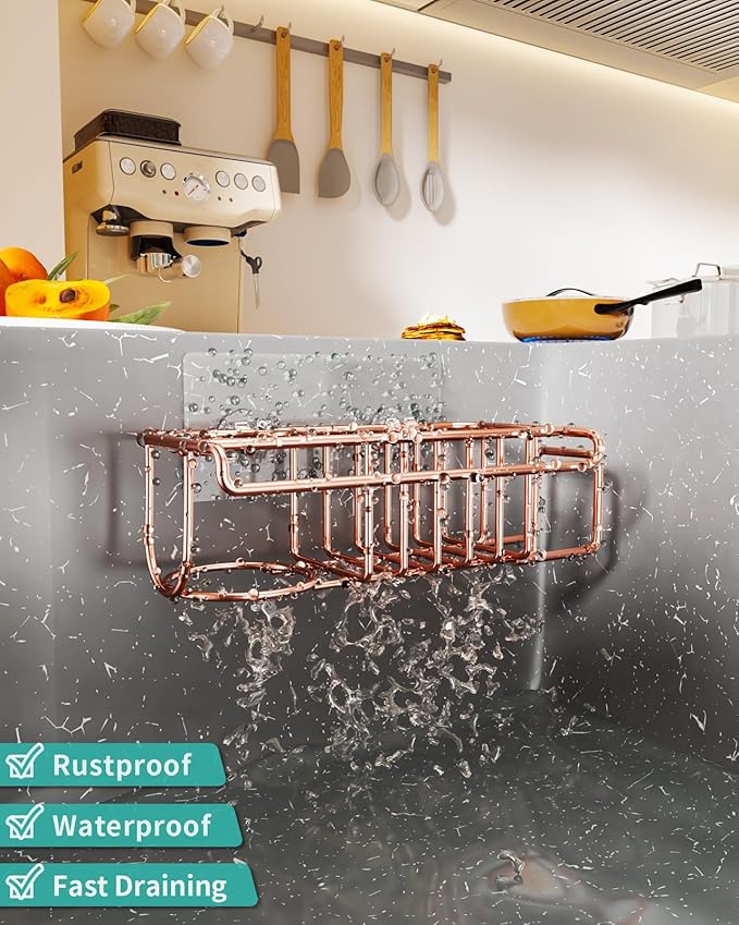 HapiRm Sponge Holder for Kitchen Sink, No Drill Kitchen Sink Caddy Organizer, Rustproof and Waterproof Dish Sponge Holder - Rose Gold