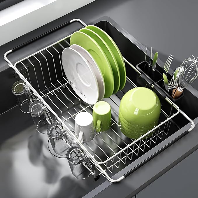 JASIWAY Dish Drying Rack in Sink, Expandable Stainless Steel Dish Drainers for Kitchen Counter, Dish Dryer Rack for Inside Sink, Over The Sink Dish Racks with Utensil Holder, Silver