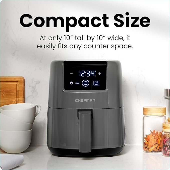 CHEFMAN 2 Qt Mini Air Fryer – Digital Space-Saving Compact Air Fryer with Nonstick and Dishwasher Safe Basket, Quick & Easy Meals in Minutes, Features Digital Timer and Shake Reminder – Grey