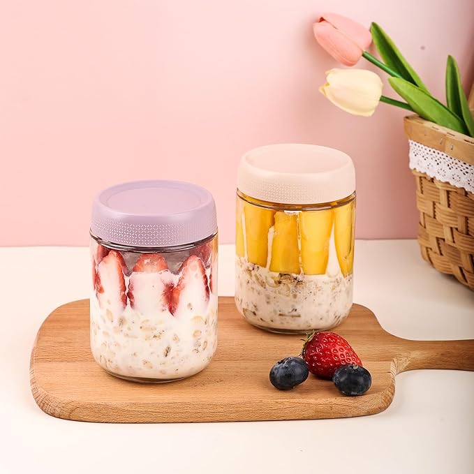 YUNCANG 6-pack Overnight Oats Containers with Airtight Lids, 16 oz Wide Mouth Mason Salad jars, Glass Food Storage Containers for Sugar Spice Yogurt Snacks