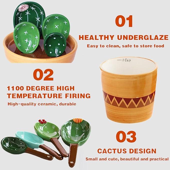 Cactus Measuring Spoons Set in Pot, Cute Ceramic Measuring Spoons and Cups, Kitchen Cacti Spoon with Holder, Baking Measuring Cups Ornaments Gift