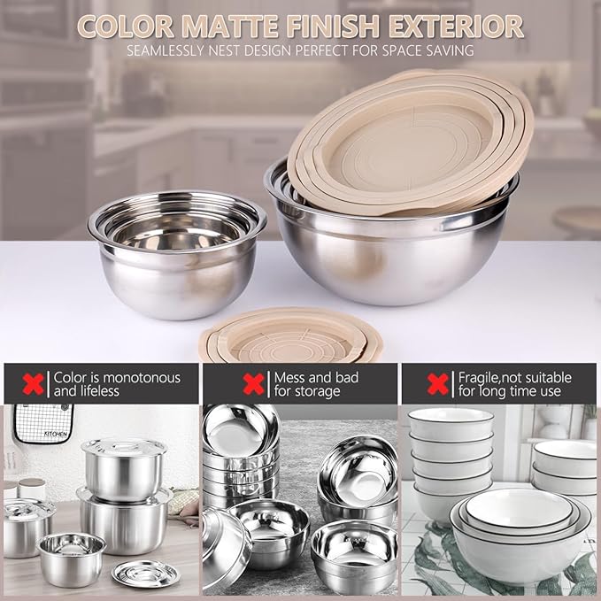 Mixing Bowls with Lids set - 25 PCS Stainless Steel Nesting Khaki Mixing Bowls Set for Baking,Mixing,Serving & Prepping,Size 5, 3.7, 2.8, 2.3, 1.7, 1.1, 0.7QT, 11 Cooking Utensils