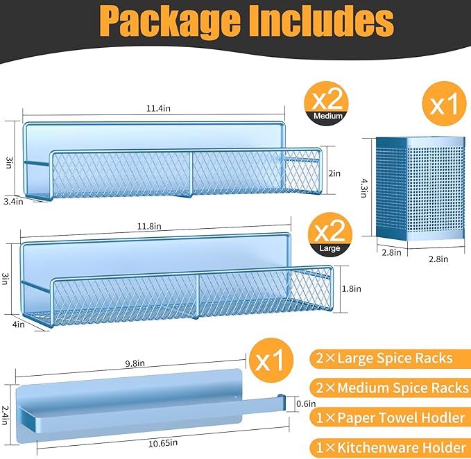 Magnetic Spice Rack for Refrigerator, 6 Pack Metal Magnetic Shelf Blue, Moveable Spice Organizer, Strong Magnetic Storage Fridge Organizer with Paper Towel Holder, Utensils Holder