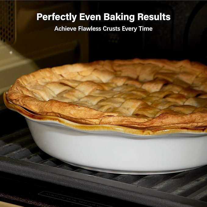 ONEMORE 9-Inch Deep Dish Pie Pan - Ceramic Pizza Pan for Oven, Baking Chicken Pot Pie, Quiche & Tarts - Rustic White Dish for Perfectly Crispy Crust, Large Ruffled Baking Plate