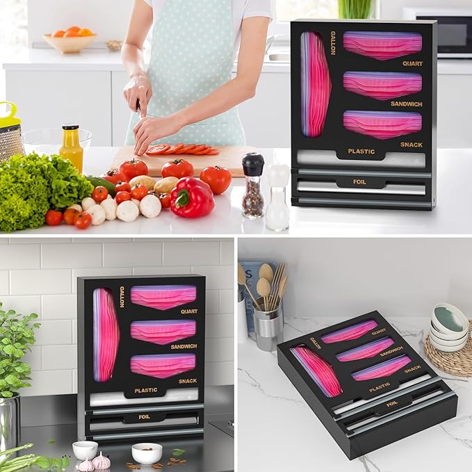 DALSHABET Bamboo Bag Organizer with Magnetic Closure, 6 In 1 Kitchen Drawer Foil and Plastic Wrap Dispenser with Cutter, Storage bag for Gallon, Quart, Sandwich, Snack Black
