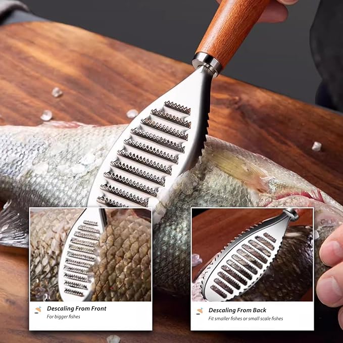 Stainless Steel Fish Scale Remover, Manual Fish Scaler with Wood Handle, Fish Cleaning Tool, Built-in Ginger Garlic Grater, Descale Kitchen Gadgets