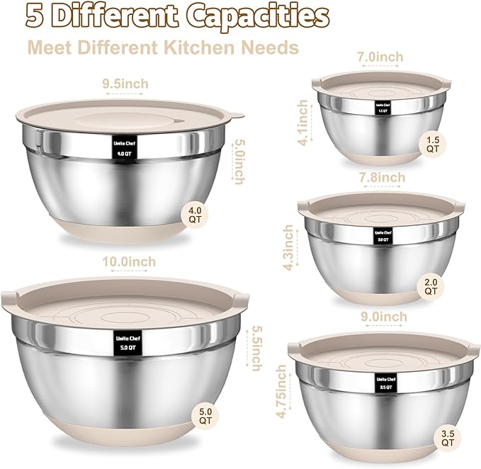Umite Chef Mixing Bowls with Airtight Lids Set, 8PCS Stainless Steel Khaki Nesting Bowls with Grater Attachments, Kitchen Bowls with Non-Slip Bottoms, Size 5, 4, 3.5, 2, 1.5QT for Mixing & Serving