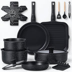 Ammeloo 21 Pcs Pots and Pans Set Non Stick with Detachable Handle & Grill Pan, Induction Ceramic Cookware Set, Non Toxic Kitchen Pots and Pans Set for RVs,Camping, Oven/Dishwasher Safe, Black