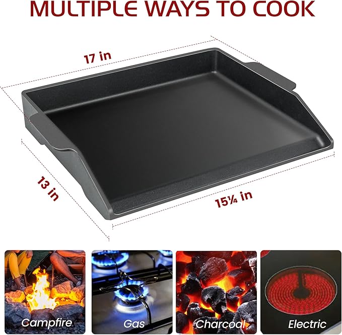 Cast Iron Griddle, Universal Stove Top Flat Griddle Charcoal Gas Grill Pan Insert for Weber Charbroil Nexgrill Replacement Parts Cooking Plate Outdoor Camp Tailgating Teppanyaki Accessory 17" x 13"