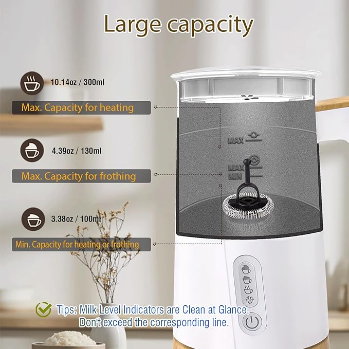 Electric Milk Frother and Steamer, 4-in-1 Milk Steamer with Wood Elements Design, Automatic Hot & Cold Foam Maker for Latte, Cappuccinos, Macchiato, Milk Warmer, Black (white)