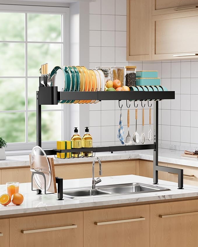 Sakugi Over The Sink Dish Drying Rack, Expandable 2-Tier Stainless Steel Kitchen Storage Organization Accessories for Countertop, Rustproof & Space-Saving, 30"–34.5" L x 12" W x 25" H, Black