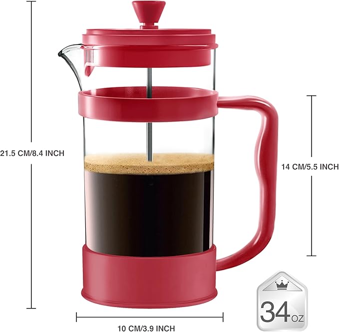 Utopia Kitchen 34 Ounce 1 Liter French Press Coffee Maker, Tea Maker, Travel Coffee Presses, Heat Resistant Thickened Borosilicate Coffee Pot for Camping Travel Gifts, Red Pack of 1