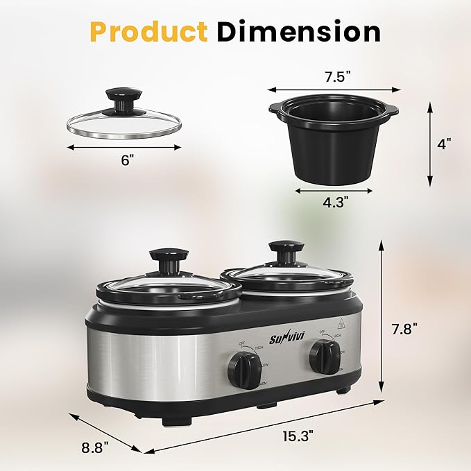 Sunvivi Dual Slow Cooker, Buffet Server and Food Warmer, Small Mini Pot with 3 Adjustable Temp & 2 Visible Glass Lids, for Parties, Holidays and Entertaining, Stainless Steel, 2 * 1.25 Quarts