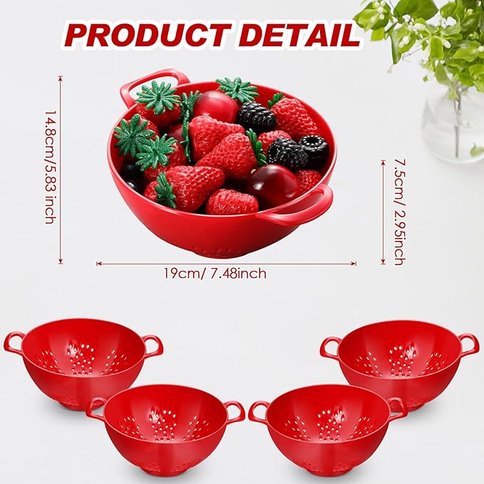 Baderke 4 Pack Mini Colander for Kitchen Plastic Berry Strainer with Double Handles 7.5 x 6 x 3 Inch Small Colander Strainer for Fruits Vegetables Food (Red)