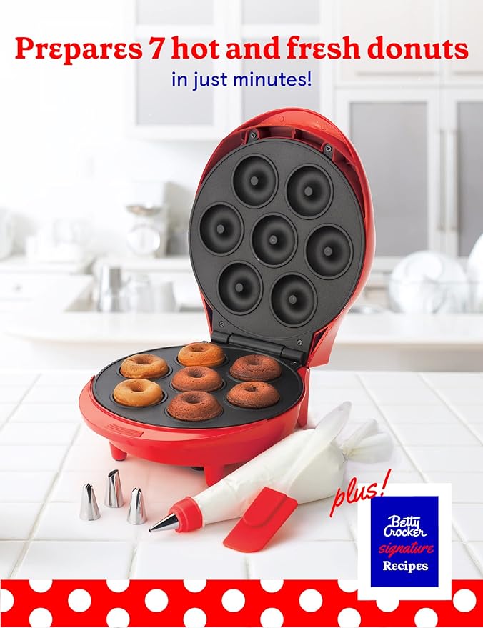 BETTY CROCKER Donut Maker, Mini Donut Maker with Nonstick Surface, Mini Donut Maker Machine with Cool Touch Handle & Makes 7 Delicious Fresh Donuts in Minutes, Red