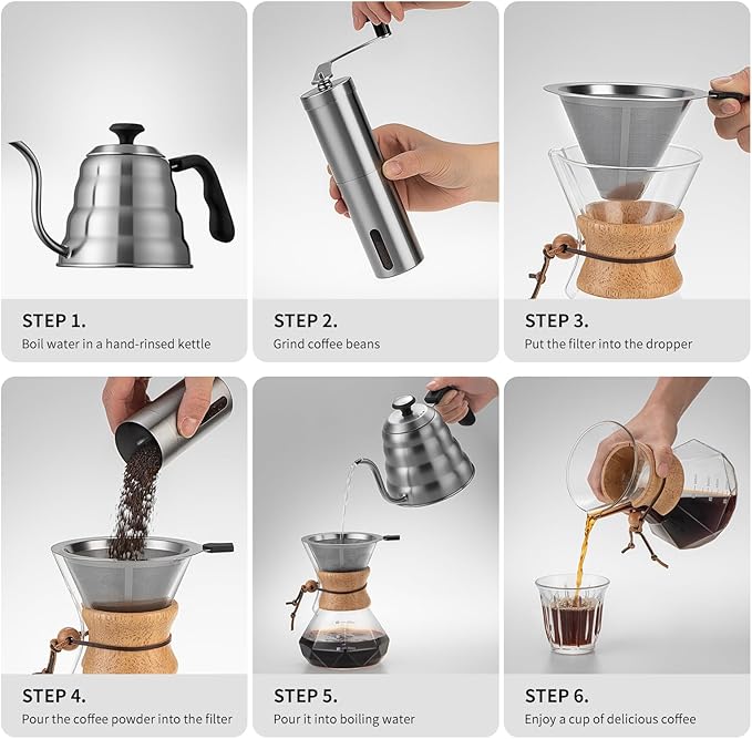 Pour Over Coffee Maker Set – 40oz Gooseneck Kettle with Thermometer, Coffee Grinder & 20oz Drip Coffee Maker – Stainless Steel Pour Over Coffee Set