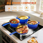 Hisencn Enameled Cast Iron Cookware Set - 7 Piece Dutch Ovens Set, Sauce Pan, Skillet, 3 Lids, Pots and Pans Set, Ceramic Coated Cast Iron, Heavy Duty, Gas/Induction Compatible, PFA Free