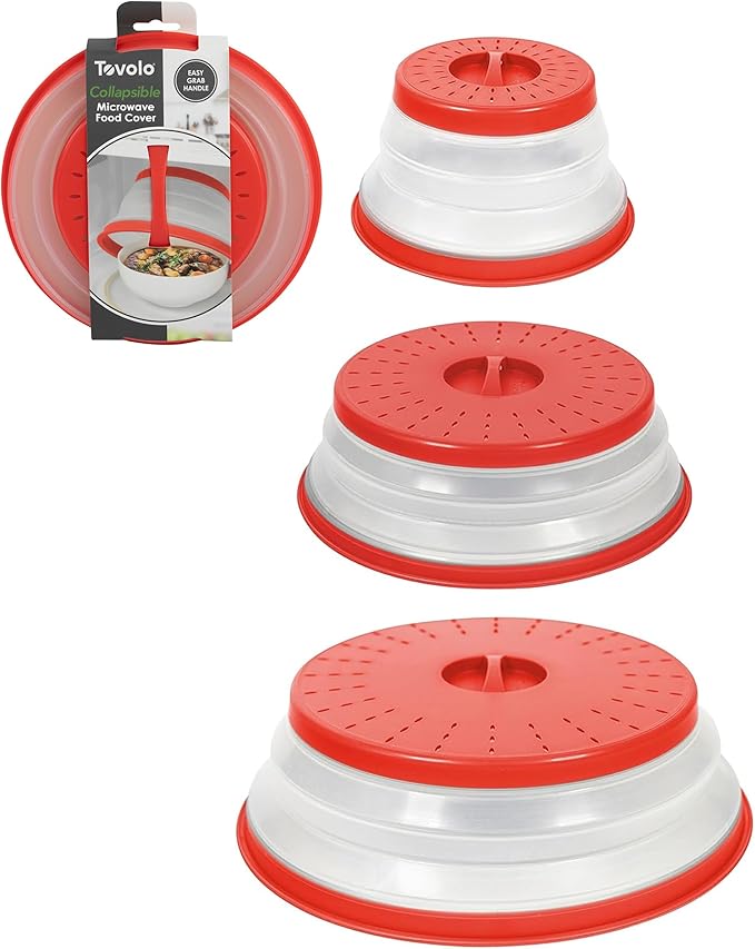 Tovolo Microwave Splatter Cover for Food, 3-Pack (Candy Apple Red) - Collapsible & Vented Silicone Splatter Guard Lid - Microwave Plate & Dish Cover with Handle - BPA-Free Kitchen Gadget for Meal Prep
