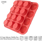 Bangp 12-Cup Silicone Muffin Pan with Metal Reinforced Frame,2 Pack Regular Size Cupcake Pan,Premium Non-Stick Bend Resistance Silicone Molds for Making Muffin,Cakes,Tart,Egg Bites (Red)