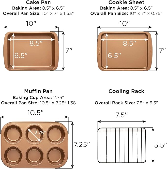 Ecolution Non-Stick Toaster Oven Bakeware Set, 4 Piece, Carbon Steel, Easy to Clean and Perfect for Single Servings, Copper