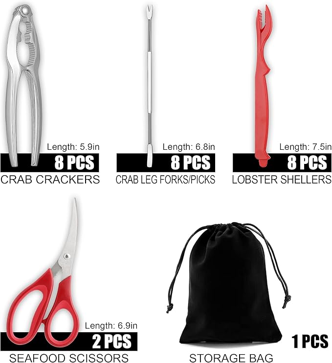 Crab Crackers and Tools, 27-piece Seafood Tools Set, Includes 8 Crab Leg Crackers, 8 Lobster Shellers, 8 Crab Leg Forks/Picks, 2 Seafood Scissors & Storage Bag, Nut Cracker Set