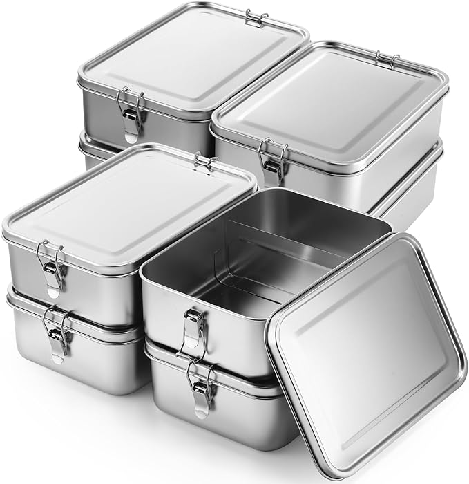 Umigy 8 Pcs Stainless Steel Food Containers 2400ml Metal Bento Lunch Box Stainless Steel Food Storage Containers, Lockable Clips to Leak Proof, Reusable Dishwasher Snack Boxes for Work
