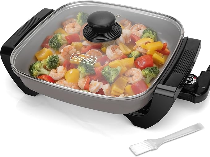 FineMade 12-inch Family Size Electric Skillet with Lid, Ceramic Skillet Electric, Square Skillet, Non Stick Electric Skillet Griddle Pan, PFAS-Free Temperature Control, 1500W, 6 QT, Gray